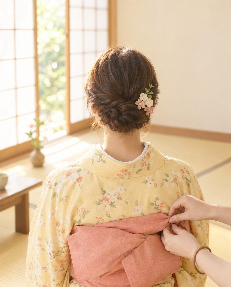 和室で、着物姿の女性の帯を美容師が整えている後ろ姿