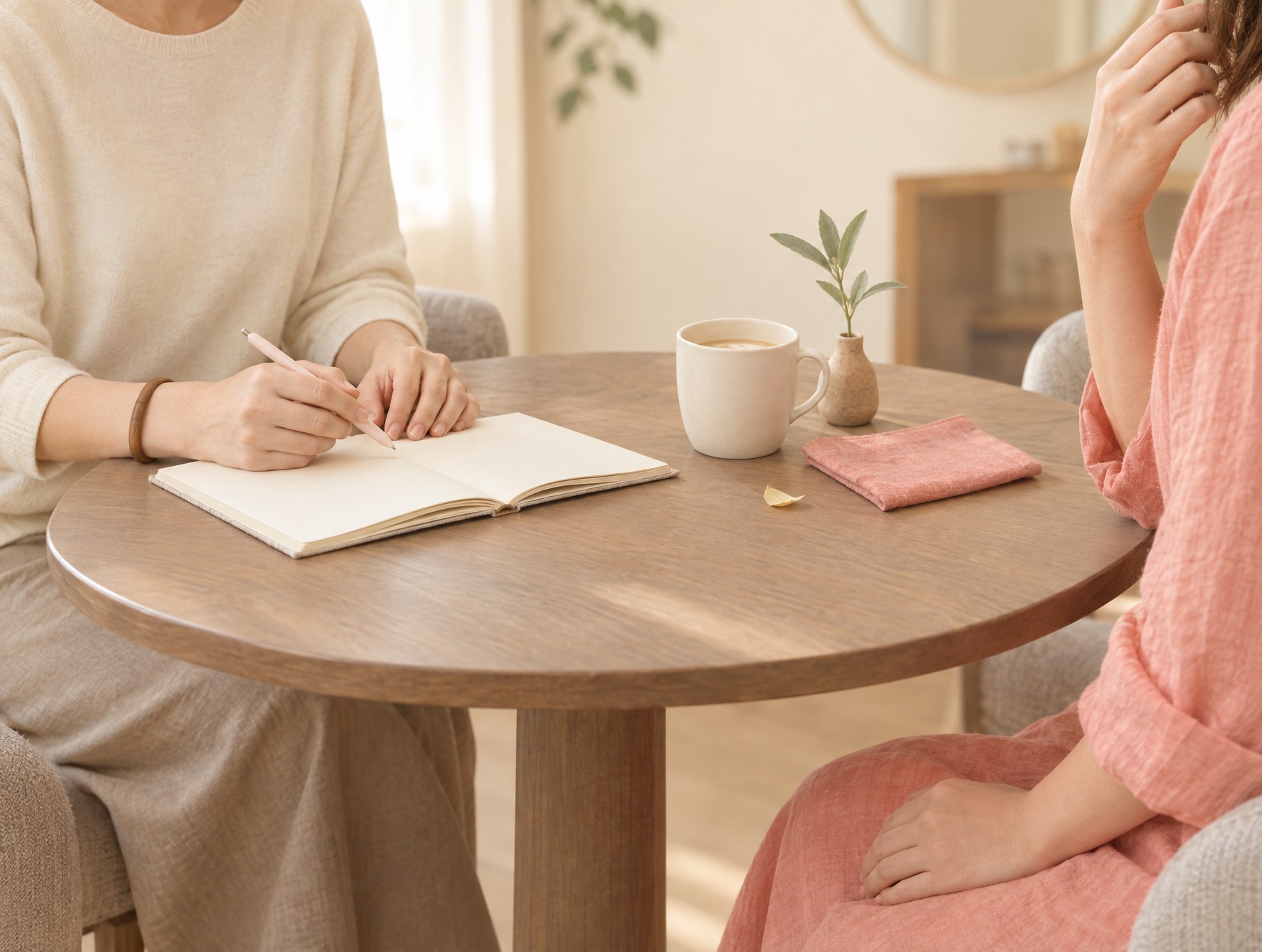 テーブルをはさんで、美容師が女性客の話を聞きながらノートに書きとめている手元
