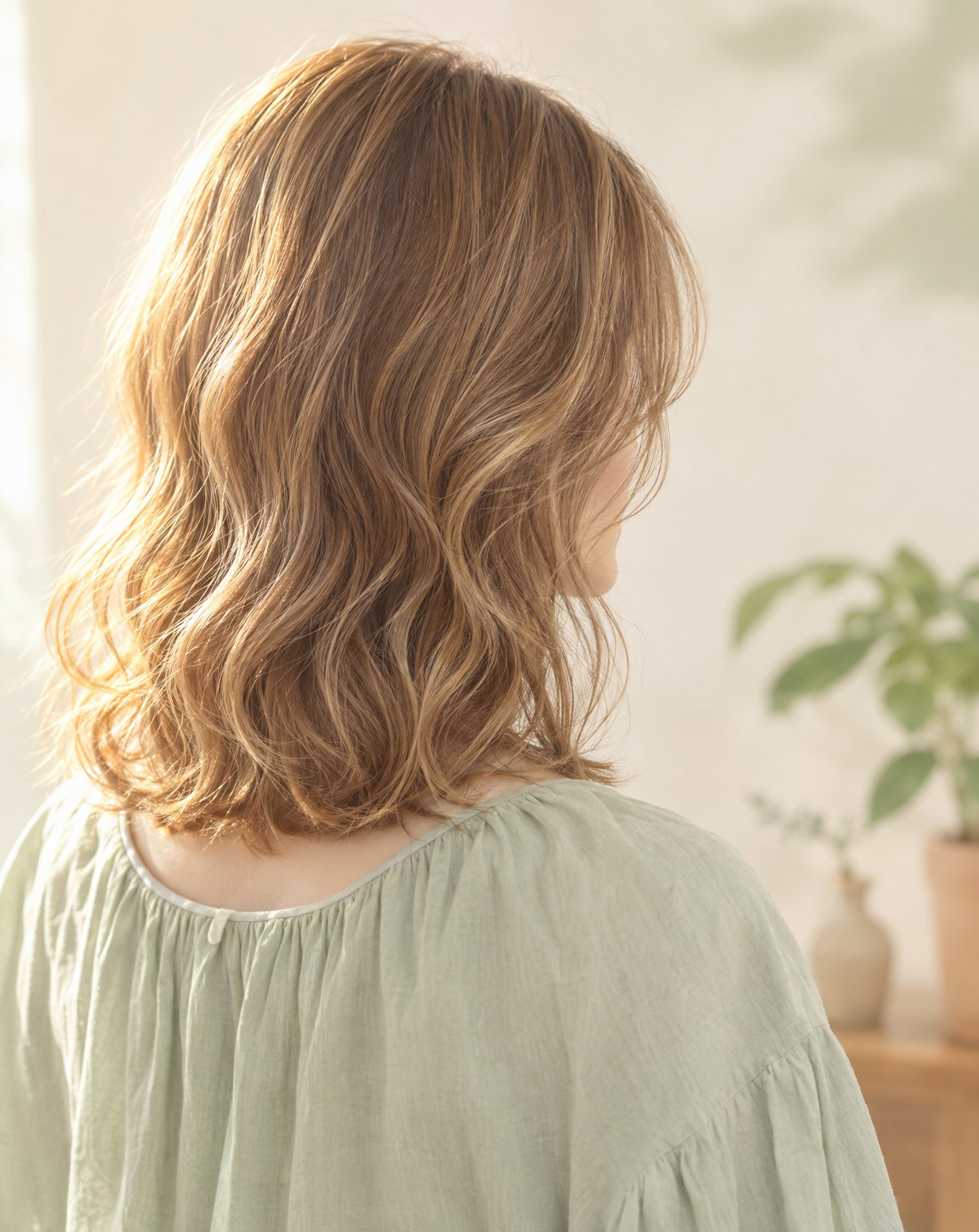 ゆるいウェーブのミディアムヘアの斜め後ろ姿