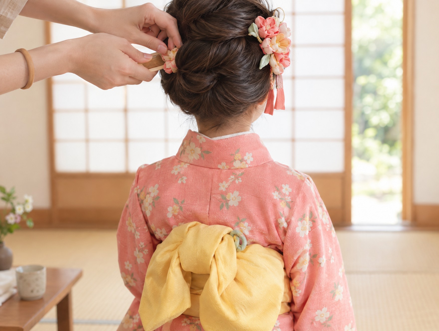 七五三の晴れ着を着た女の子の、髪飾りと帯まわりの後ろ姿