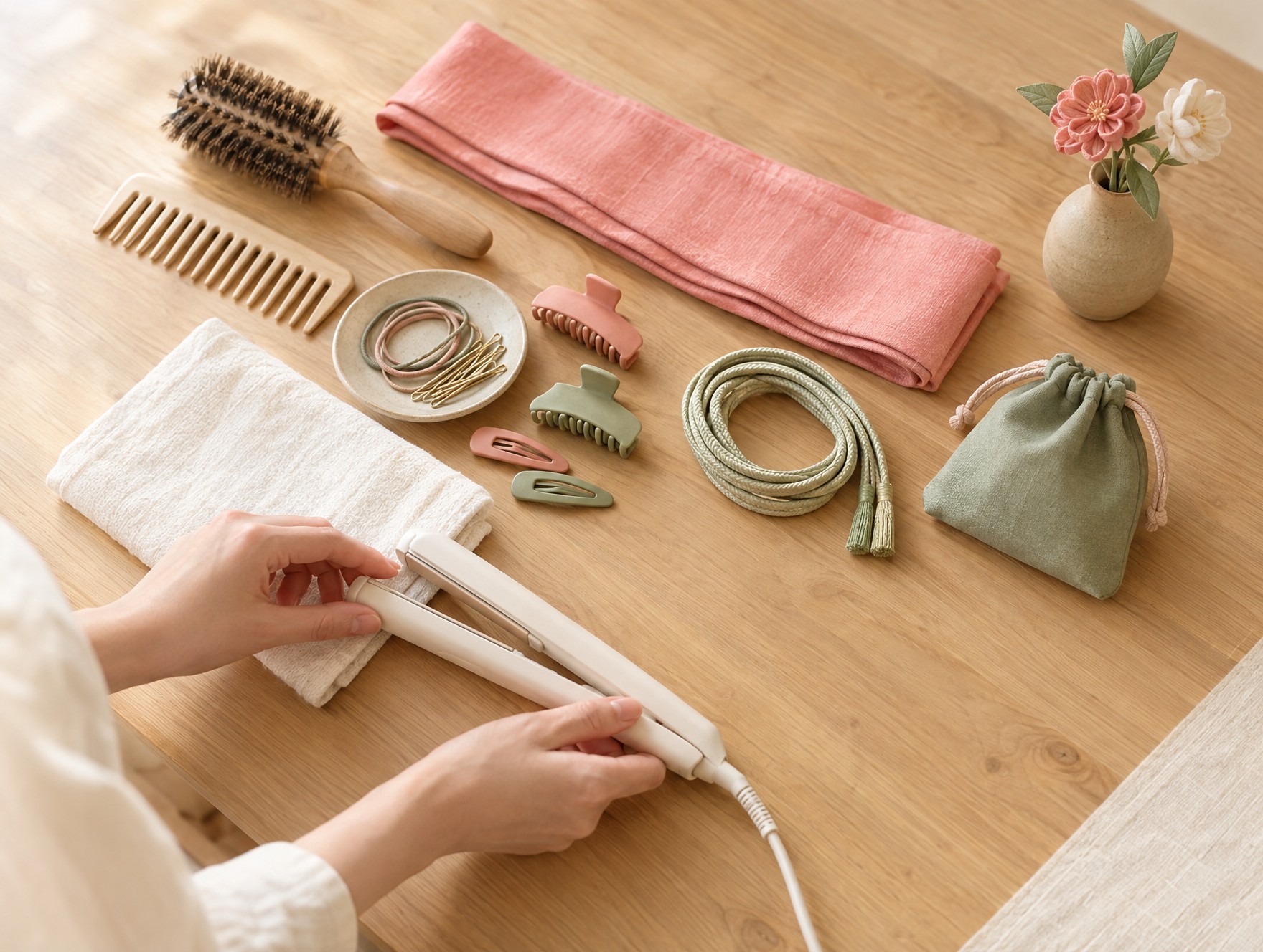 テーブルに並べたブラシやヘアピン、着付けの小物を整える手元